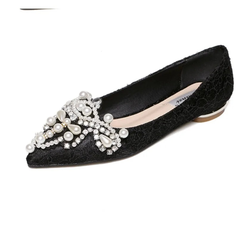 LBSFY -New Crown Pearl Soft Flats Wedding Shoes Pointed Toe Women Dress Moccasins Low Pearl Heel Ladies Fashion Luxury Plus Size 43