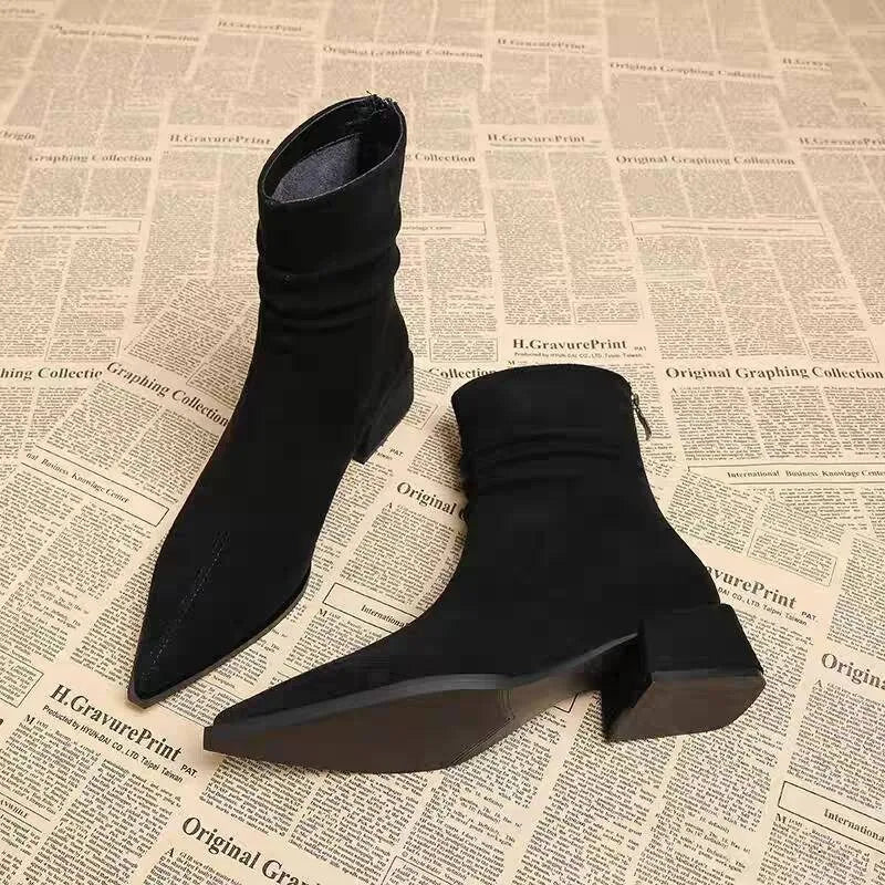 LBSFY -New Women's Pointed Toe Ankle Boots High Heels Sexy Chunky Designer Chelsea Boots Elegant Low Heels Short Booties