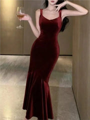 LBSFY -Vintage Elegant Wine Red Long Mermaid Dresses Fashion Women's V-Neck Solid Slim Waist Evening Party Sling Robe New 2025 Summer
