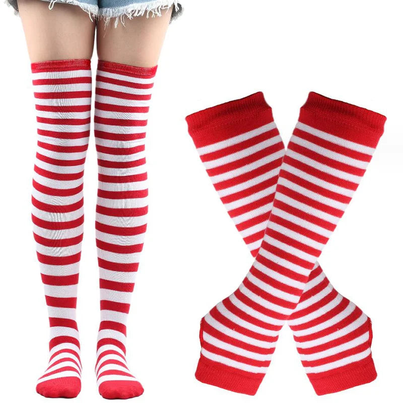 Lbsfy 1 Set Women Girls Over Knee Long Stripe Thigh High Cotton Gothic Lolita Socks Arm Sleeve Gloves Sweet Cute Black Overknee Socks