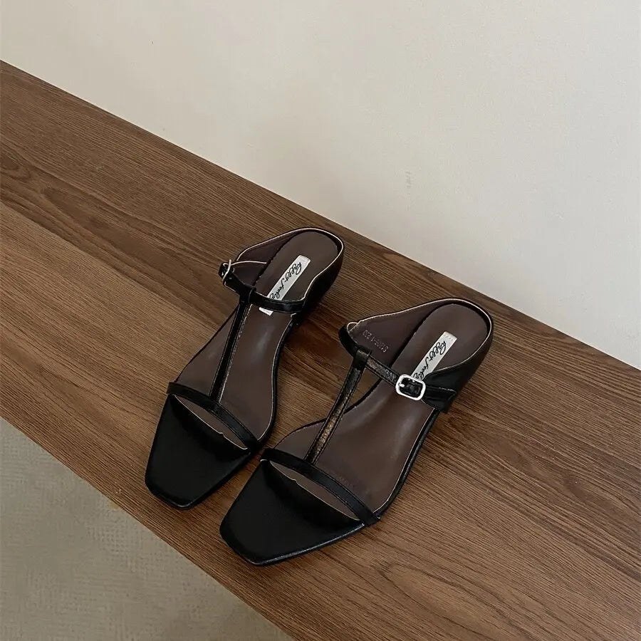 LBSFY -  Brand Summer Women Slipper Square Heels Sandals Square Toe Party Wedding Shoes Slip On Beach Slides Mujer