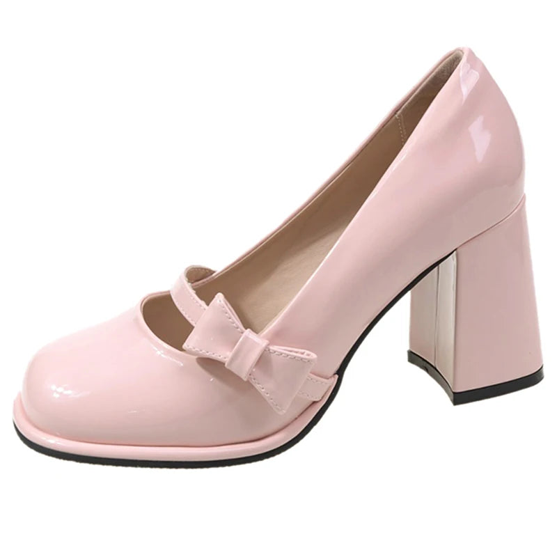LBSFY  -    High Heels Mary Janes Women Cute Round Toe Patent Leather Pumps Woman Slip-On Square Heeled Bow Party Shoes Ladies