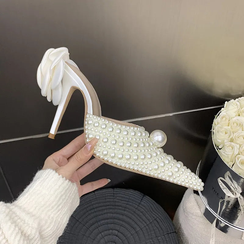 LBSFY  -  Luxury All Pearls Handmade Flowers Women Pumps Slippers Elegant Pointed toe Thin High heels Mules Fashion Wedding Bridal Shoes