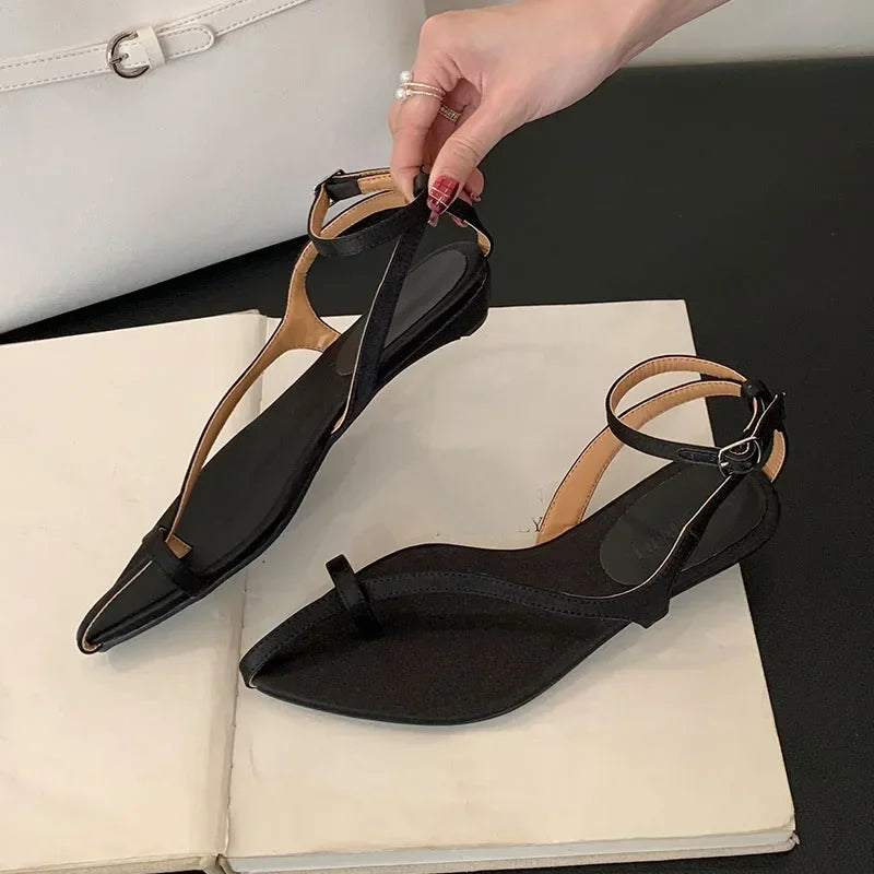 Lbsfy Footwear Women Summer 2025 Pointed Toe Flip Flops Female Ankle Strap Elegant Low Heel Concise Fashion Brand Roman Sandals Ladies