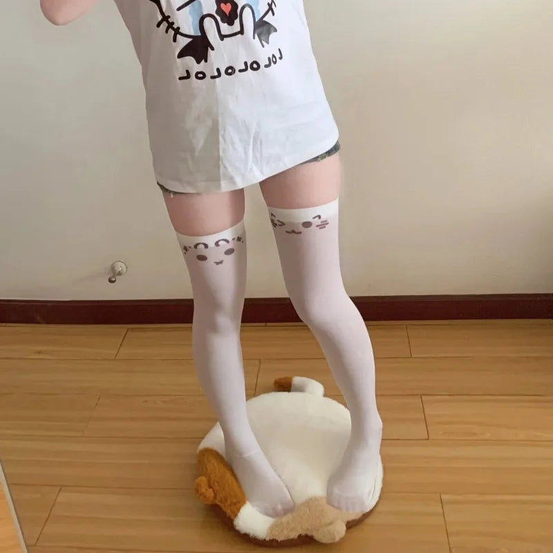 Lbsfy Japanese Kawaii Expression Thigh Socks White Print Long Socks JK Harajuku Over Knee Thigh High Stockings Y2K Cosplay Socks