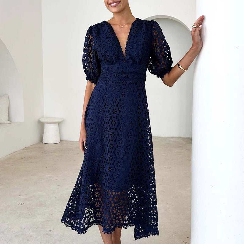 LBSFY  -  Women Elegant Puff Sleeve Solid Color Party Dress Fashion Hight Waist Slim Long Dress Sexy V-neck Lace Hollow Out Evening Dress