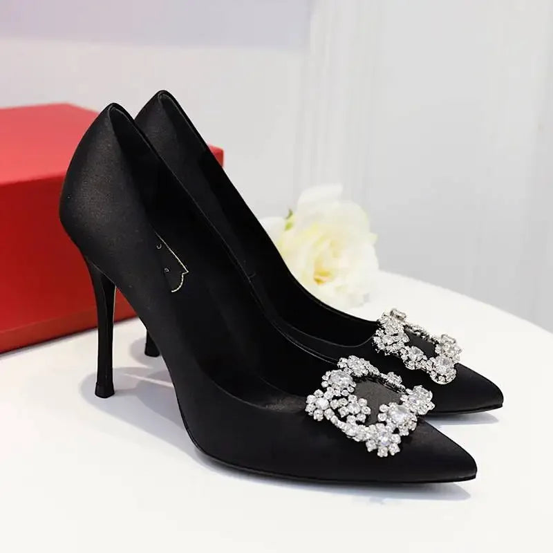 LBSFY  -  Luxury Rhinestone Pointed Toe Women Pumps Elegant Crystal Wedding Bridal Shoes Satin Silk Square Button Design Mules High Heels