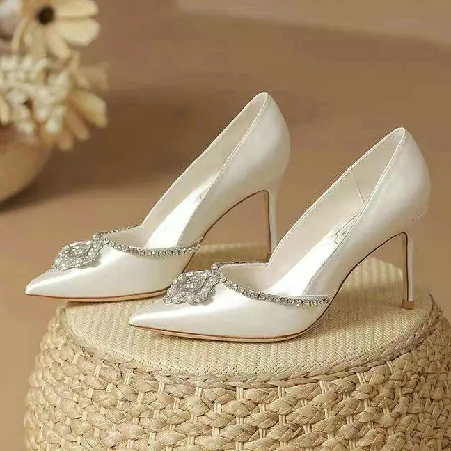 LBSFY  -  2024 Elegant Wedding Shoes Bridal Shoes White Rhinestone High Heels Bridesmaid Pumps