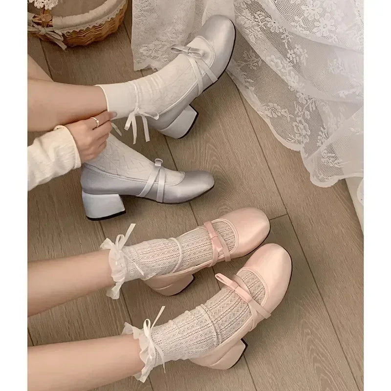 LBSFY -Women Chunky Heel Shoes New  Fashion Bowknot Strap Mid Heels Women Mary Jane Shoes Dress Shallow Mouth Ladies Ballet Shoes