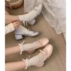 LBSFY -Women Chunky Heel Shoes New  Fashion Bowknot Strap Mid Heels Women Mary Jane Shoes Dress Shallow Mouth Ladies Ballet Shoes
