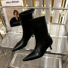 LBSFY -Sexy Pointed Toe High Heels Luxury Women High Boots 2025 Winter Designer Mid Calf Snow Boots Soft Leather Goth Botas Dress Pumps