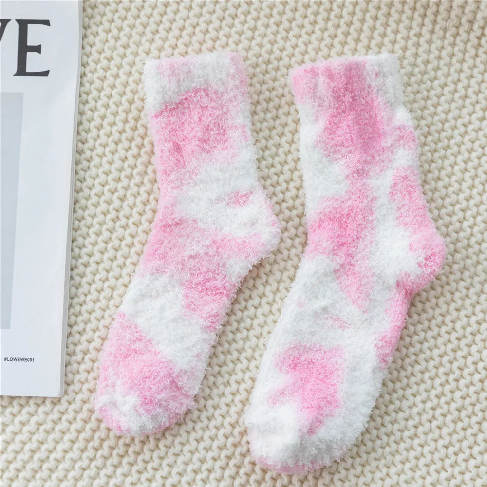 Lbsfy Socks Women Tie-dye Socks Ladies Warm Knee Winter Printing Thickened Coral Mink Fleece Girls Gift Hip Hop Floor Socks Stockings