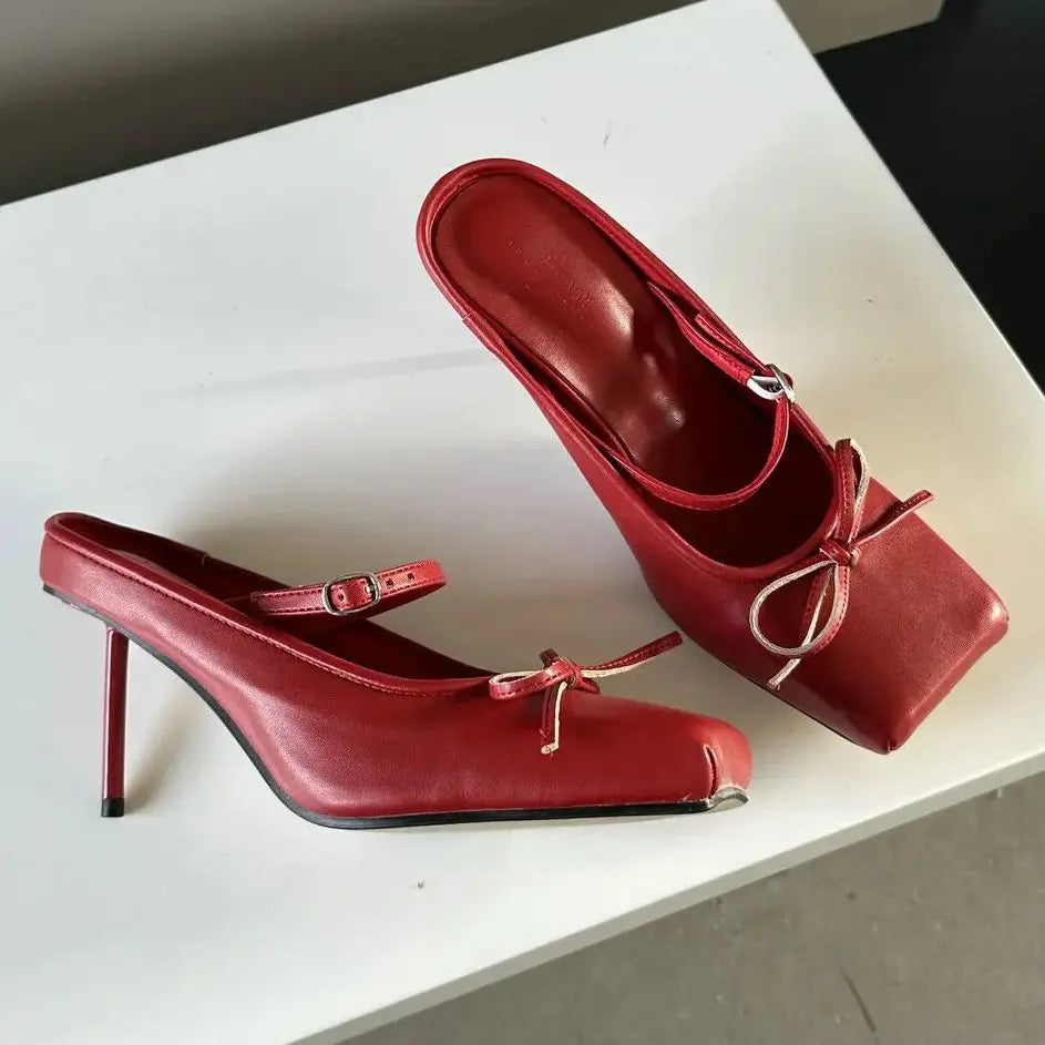 LBSFY  -   Women Mule High Heel Shoes Red Pu Leather Silppers Bow Summer Fashion Pumps Mule