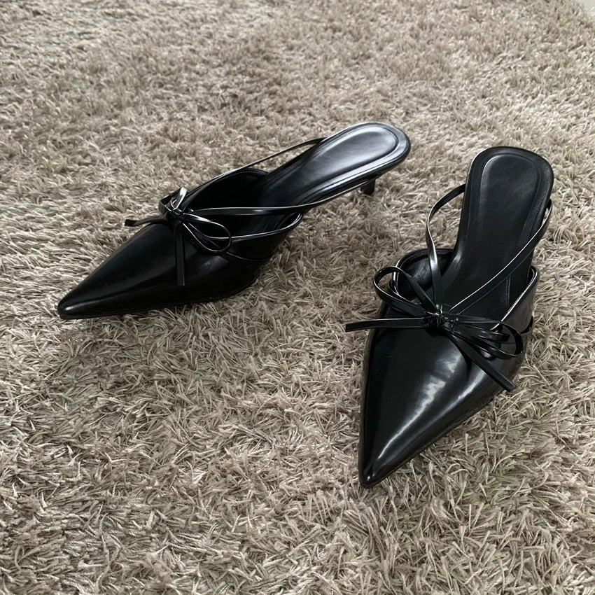LBSFY -New Fashion Design Butterfly-Knot Pointed Toe Low Thin Heels Mules Slippers Women Pumps Shallow Slingback Sandal Female Shoes
