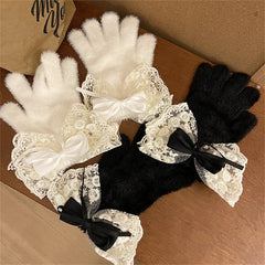 Lbsfy Lolita Winter Warm Knitted Full Finger Gloves Women's Ribbon Ties Lace Touch Screen Gloves Lady Thickened Fleece Woolen Mittens