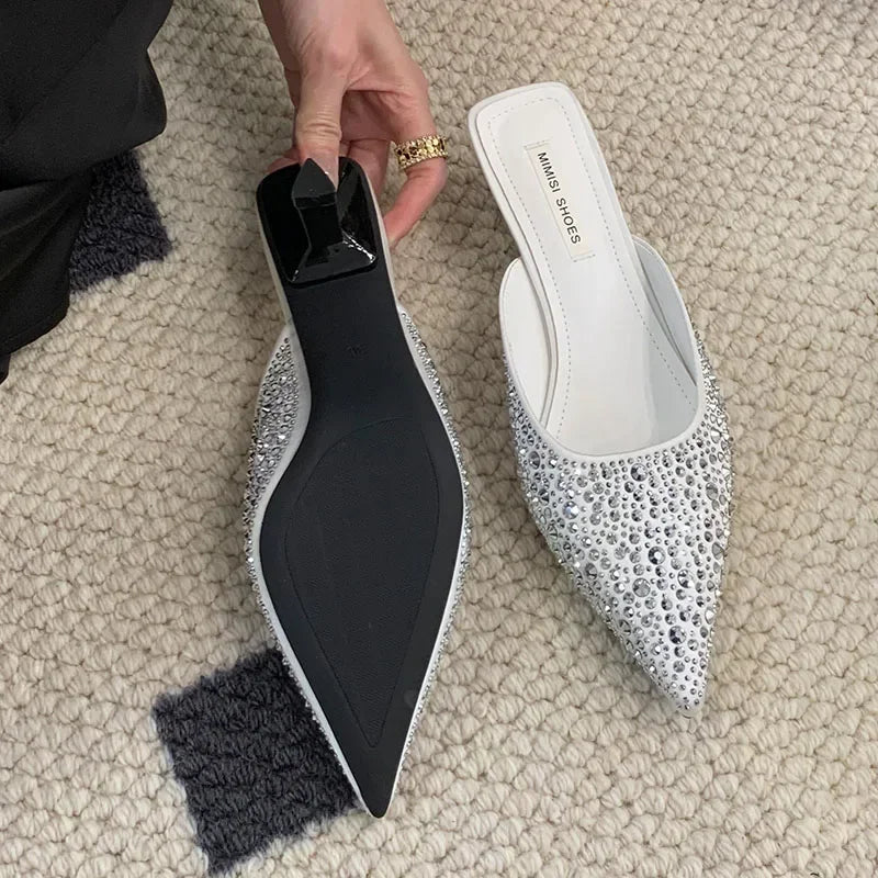 Lbsfy Sparkling Rhinestone Luxury Slippers for Women Sexy Pointed Toe  Low Heel Slides Fashion Footwear Diamond Dress Sandals Women