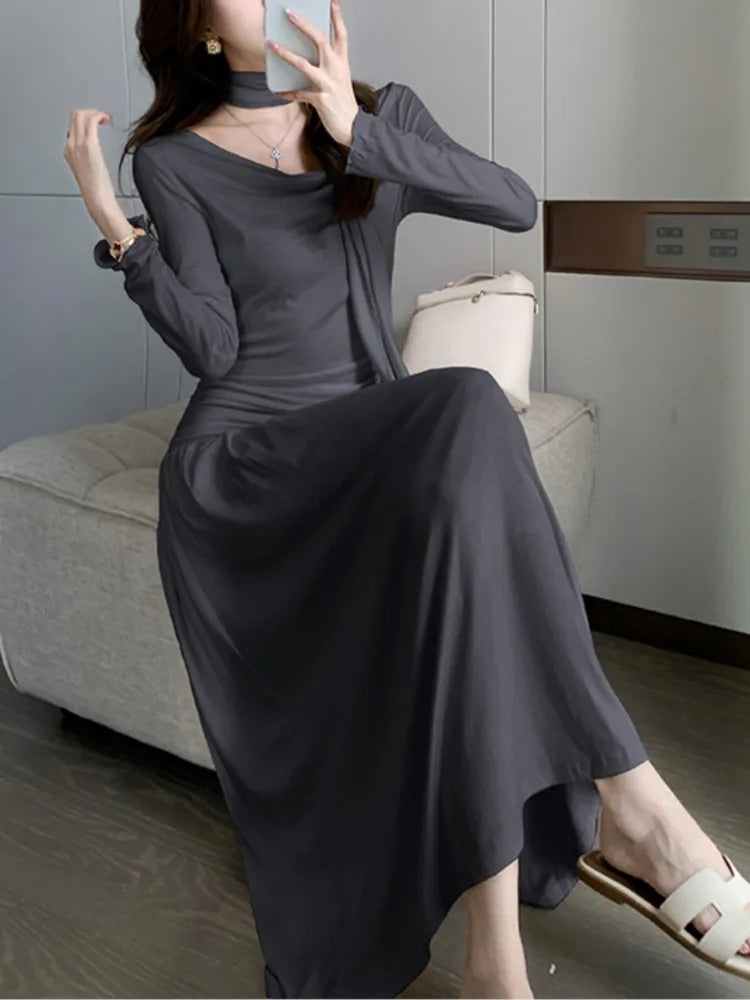 LBSFY -Elegant Solid Evening Dresses for Women Autumn Wedding Prom Robe Pleated Halter Long Sleeves Swinging Collar Vestidos Mujer New