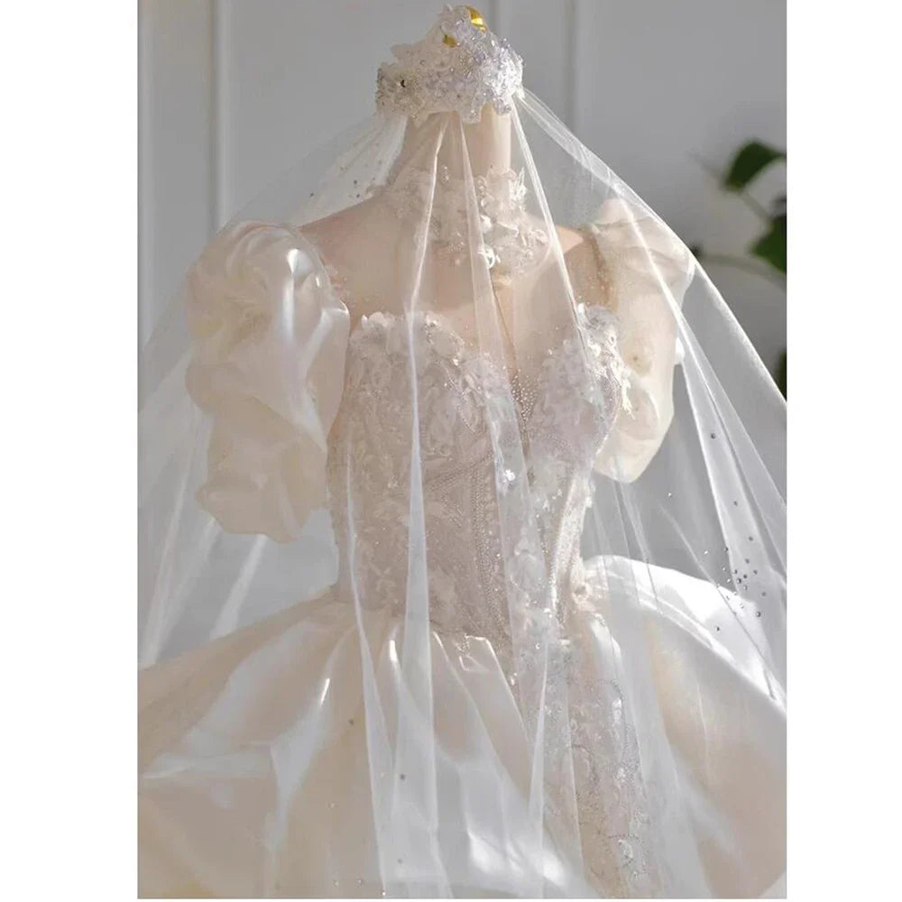LBSFY -Elegant Women Wedding Dresses Chic Sweetheart Puff Sleeves Sequined Ball Gowns Bow Ribbon Cathedral Train Bridal Dresses