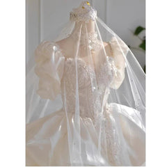 LBSFY -Elegant Women Wedding Dresses Chic Sweetheart Puff Sleeves Sequined Ball Gowns Bow Ribbon Cathedral Train Bridal Dresses
