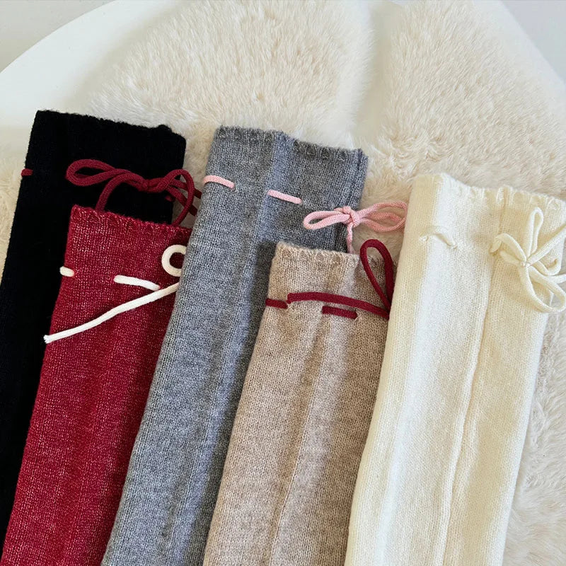Lbsfy Korea Women Tie Bow Calf Socks Vintage Knit Wool Leggings Covers Socks Y2K Winter Thickened Leg Warmers Harajuku Jk Sleeve