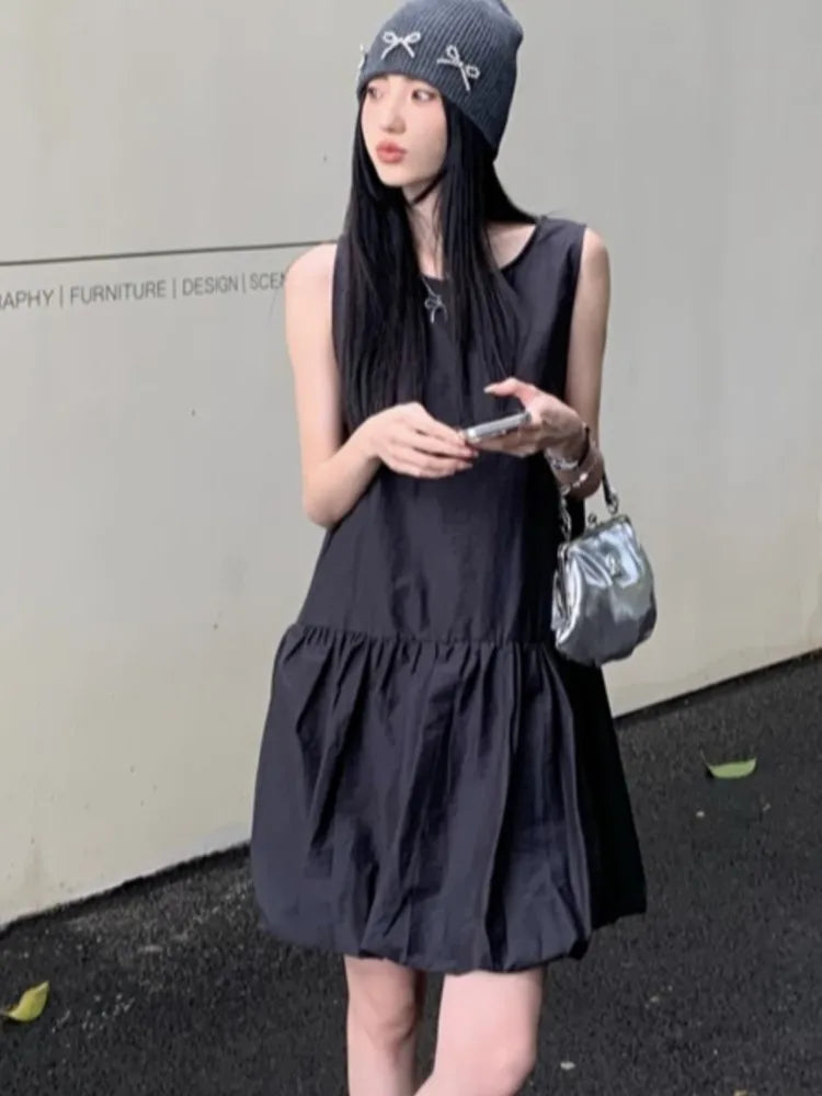 LBSFY -Summer Elegant Korean Solid Short Women's Dress Sweet Sleeveless O-Neck Loose-Fit Casual Office Lady Ball Gown Mini Skirt 2025