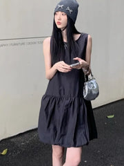 LBSFY -Summer Elegant Korean Solid Short Women's Dress Sweet Sleeveless O-Neck Loose-Fit Casual Office Lady Ball Gown Mini Skirt 2025