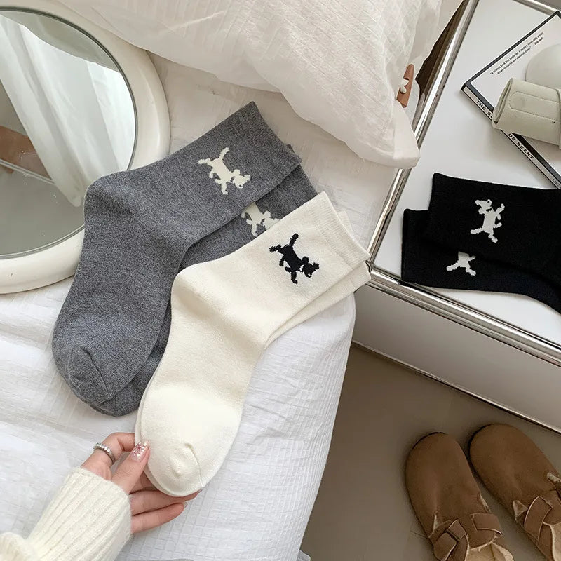 Lbsfy Women's High-quality Combed Cotton Socks Cartoon Pattern Funny Cat Puppy Cute Fashion Striped Mid-calf Socks