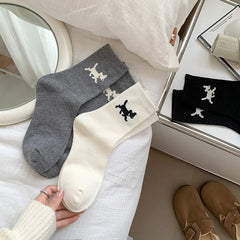 Lbsfy Women's High-quality Combed Cotton Socks Cartoon Pattern Funny Cat Puppy Cute Fashion Striped Mid-calf Socks