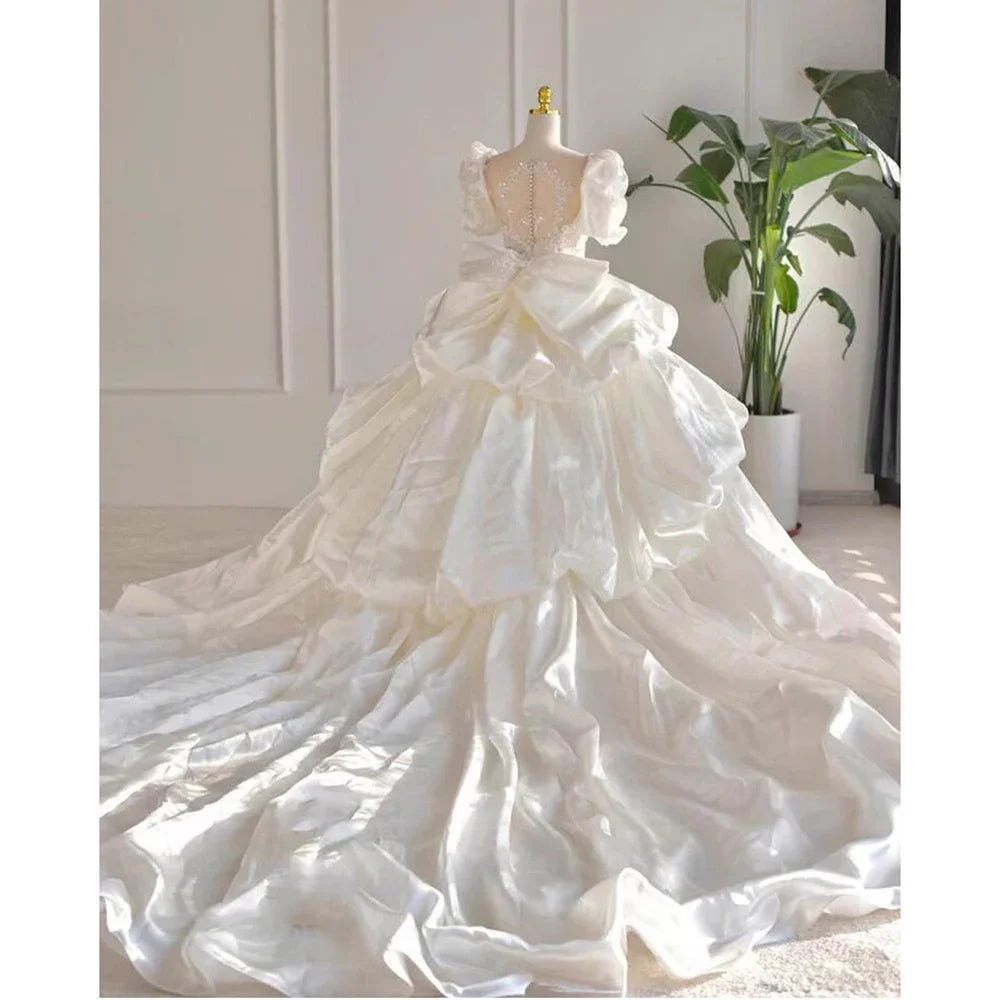 LBSFY -Elegant Women Wedding Dresses Chic Sweetheart Puff Sleeves Sequined Ball Gowns Bow Ribbon Cathedral Train Bridal Dresses
