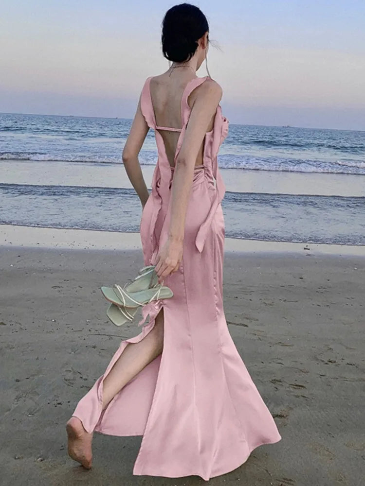LBSFY -Sweet Pink Backless Womens Dresses Sexy Spaghetti Strap Sleeveless Wedding Evening Dress Elegant Gown Female Split Vestidos New