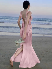 LBSFY -Sweet Pink Backless Womens Dresses Sexy Spaghetti Strap Sleeveless Wedding Evening Dress Elegant Gown Female Split Vestidos New