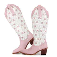 LBSFY  -  Women Pink Pull-on Knee High Cowgirl Boots with Bow  Comfy Women Big Size Cowboy Boots