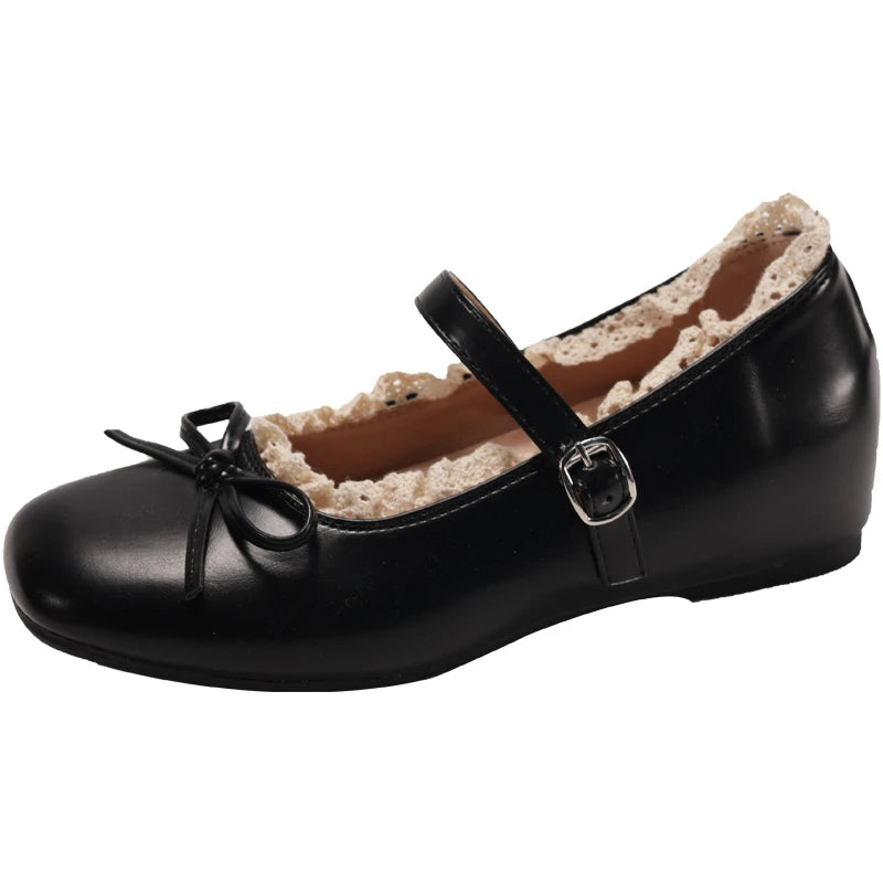 LBSFY -Square Toe Shallow Mouth Vintage French Flat Lace Mary Jane Women's Shoes New with Skirt Bow Strap Single Shoes