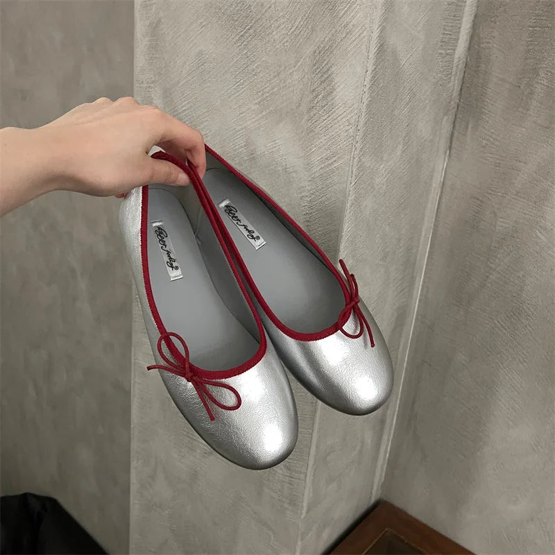 LBSFY  -Brand Women Flats Fashion Bow-knot Round Toe Shallow Slip On Ladies Boat Shoes Soft Flat Heel Dress Ballerinas Shoes Mu
