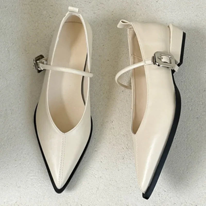 LBSFY -Pointed Toe Women Shoes Buckle Strap Solid Color Retro Designer Brand Low Heel Shallow Female Shoes Leather Concise Casual Shoes