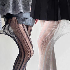 Lbsfy Women Sexy Lace Fishnet Pantyhose Lolita Style Hollow Out Design Red Silk Stockings JK High Waist Striped Tights Christmas Gifts