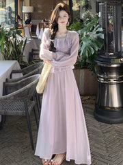 LBSFY -Elegant French Romantic Ruffles Chiffon Purple Women's Dresses Square-Collar Slim Waist Long Sleeves  korean Dress Vacation New