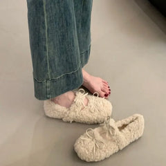 LBSFY -New Style Fashion Women's Shearling Ballet Flats with Strap Warm Rabbit Fur Plush Lined Crystal Buckle Mary Jane Flat Shoes