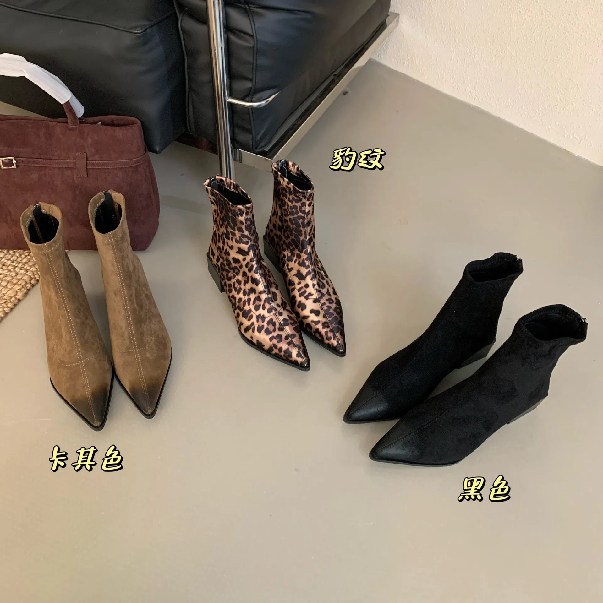 LBSFY  -  Leopard Print Retro Thick Heel Short Boots Versatile Slim Boots Spring and Autumn New Pointed Single Boots for Women