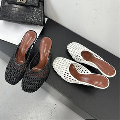 LBSFY -Summer Hollow Out Breathable Mesh Weaving Women Slippers Fashion Thin Heels Party Dress Mule Shoes Large Size 43