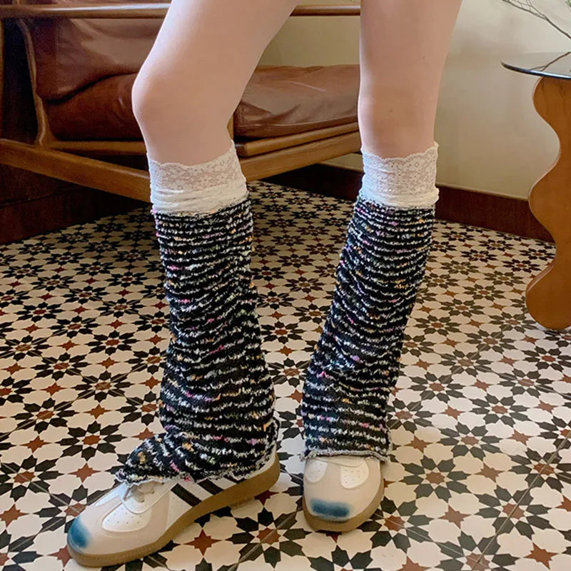 Lbsfy Y2k Rainbow Patchwork Lace Leg Socks Mesh Patchwork Wide Leg Warmers Japanese Harajuku Mid Tube Socks Sexy Flare Leg Covers