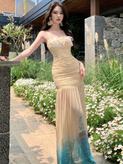 LBSFY -Women's Sexy Floral Bodycon Mesh Mermaid Dresses Elegant Gradient Print Pleated Slim Halter Dress Summer Beach Vacation Outfits