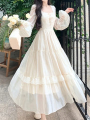 LBSFY -French Ruffle Lace Midi Dress Elegant Fairy Square Neck Long Sleeve A-line Vestidos Casual Slim Evening Party Solid Mujers Robe