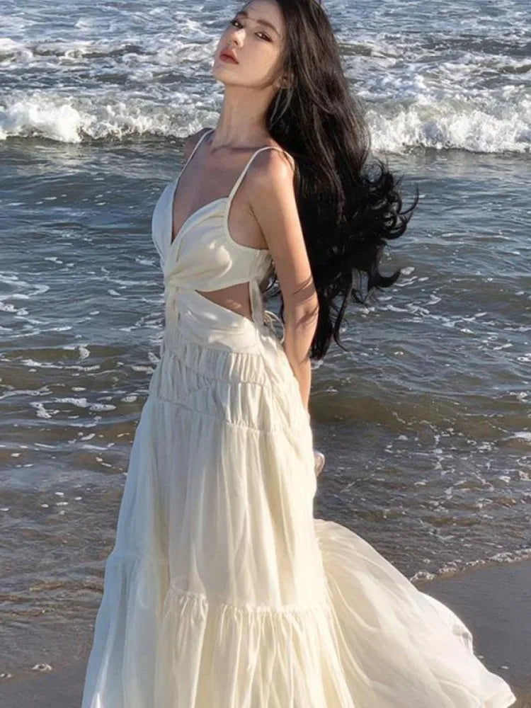 LBSFY -Women Beige Sexy Club Backless Pleated Slip Dress Summer Elegant V-neck Slim Lace Up Sleeveless Evening Party Fairy Long Dresses