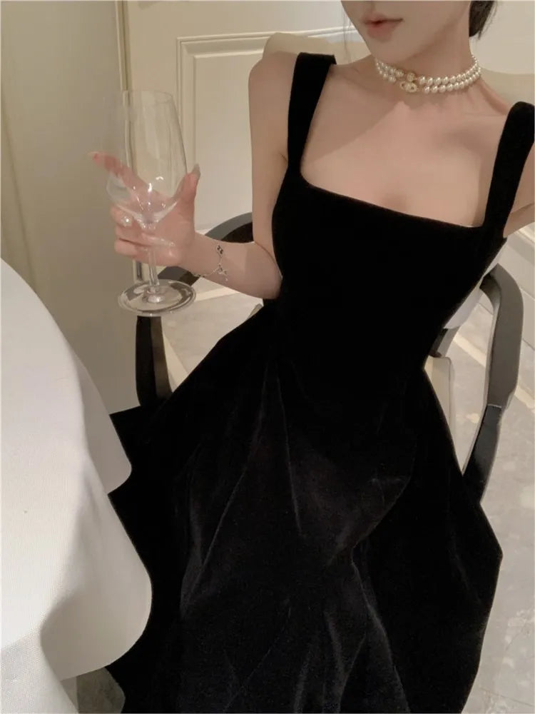LBSFY -Sexy Spaghetti Strap Womens Dresses French Black Sleeveless A-Line Birthday Party Dress Female One Piece Casual Vestidos Mujer