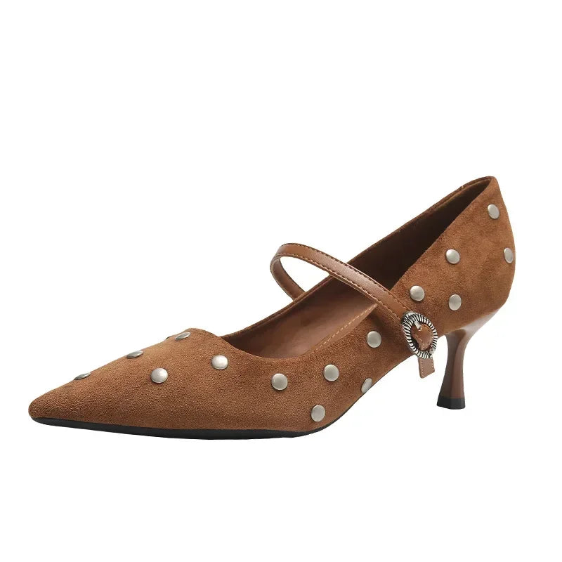 LBSFY  -  Rivet Designer High Heels Women Pointed Toe Elegant Office Women Shoes Spring Autumn Fashion Suede Low Heel Mules Pumps Women