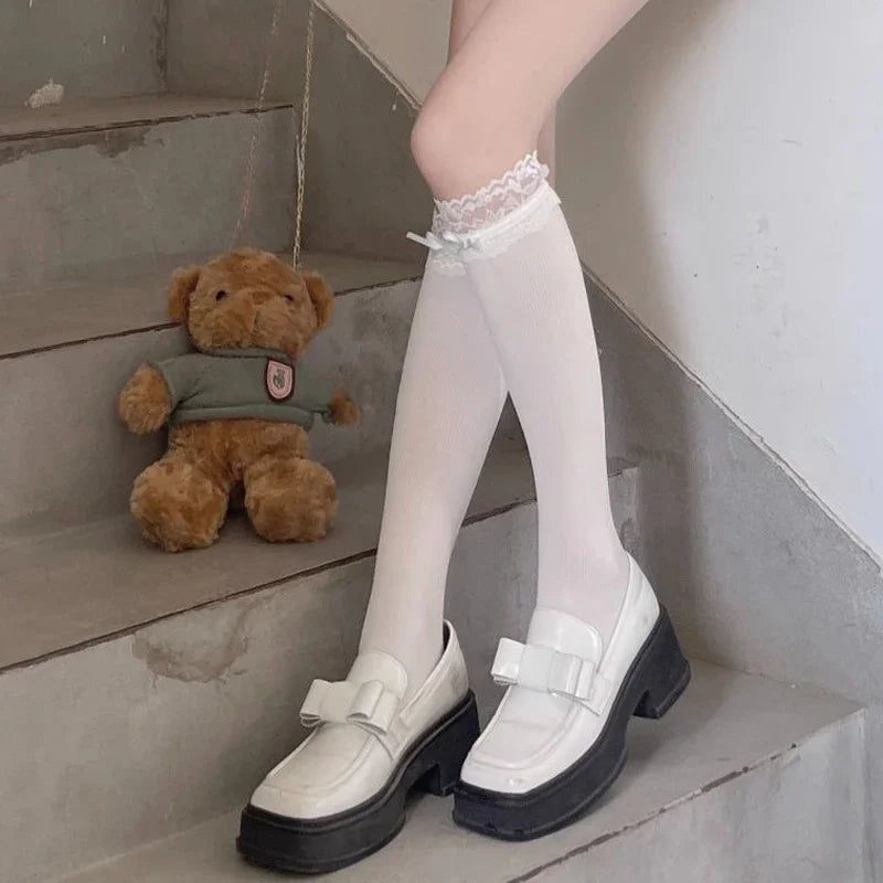 Lbsfy Sweet Ruffle Calf Stockings Women Girls Y2K Bowknot Long Socks Nylon Princess Fishnet Leggings JK Lolita Lace Stripe Hosiery
