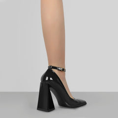 LBSFY  -  Kaky's New Ultra High Thick Heel Lacquer Leather Square Head Large Buckle Strap Single Shoe Women's Shoes 44 45 46