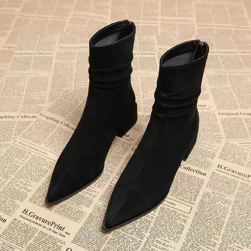 LBSFY -New Women's Pointed Toe Ankle Boots High Heels Sexy Chunky Designer Chelsea Boots Elegant Low Heels Short Booties