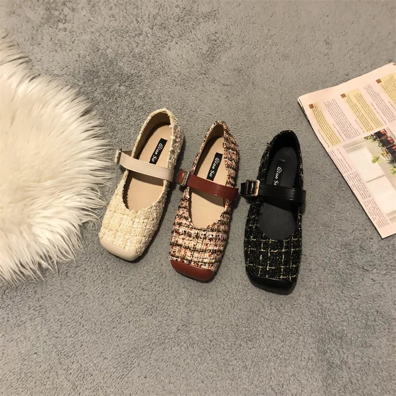 LBSFY  -  New Spring Suqare Toe Flat Shoes Women Mary Jane Fashion Plaid Fabric Ladies Soft Casual Shoes Dress Flat Ballet Girl Zapatillas